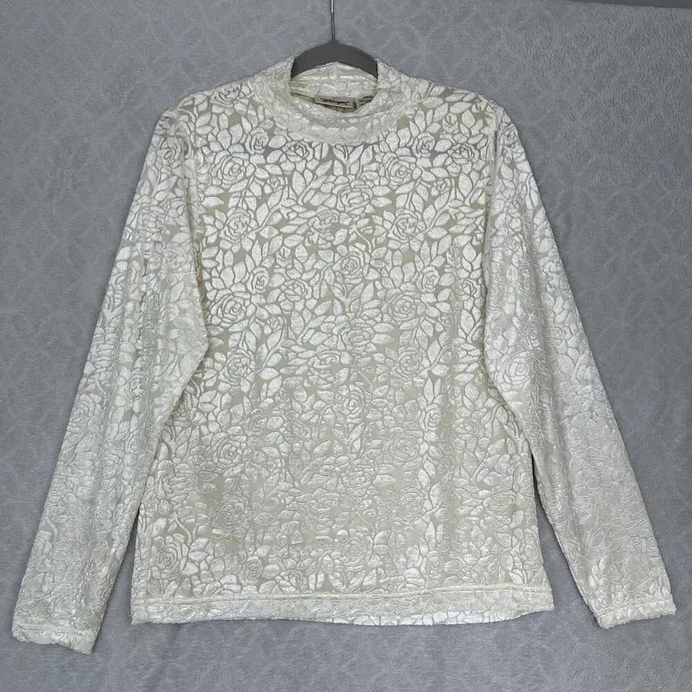 Y2K Mock Neck Long Sleeve Top Womens Large Ivory Velvet Burnout Fairygrunge 90s